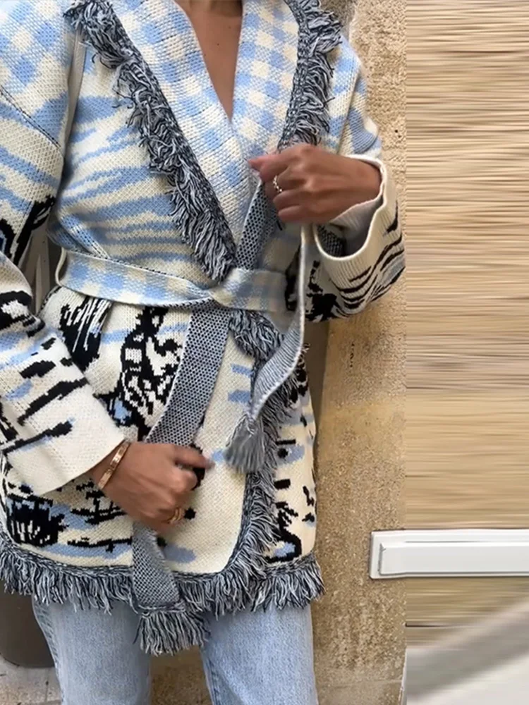 Cárdigan de punto estampado co - Tassel Fringe Trim reseña y precio