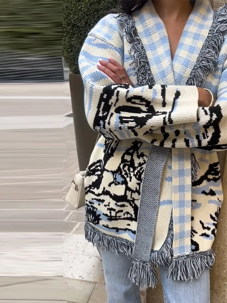 Cárdigan de punto estampado co - Tassel Fringe Trim reseña y precio